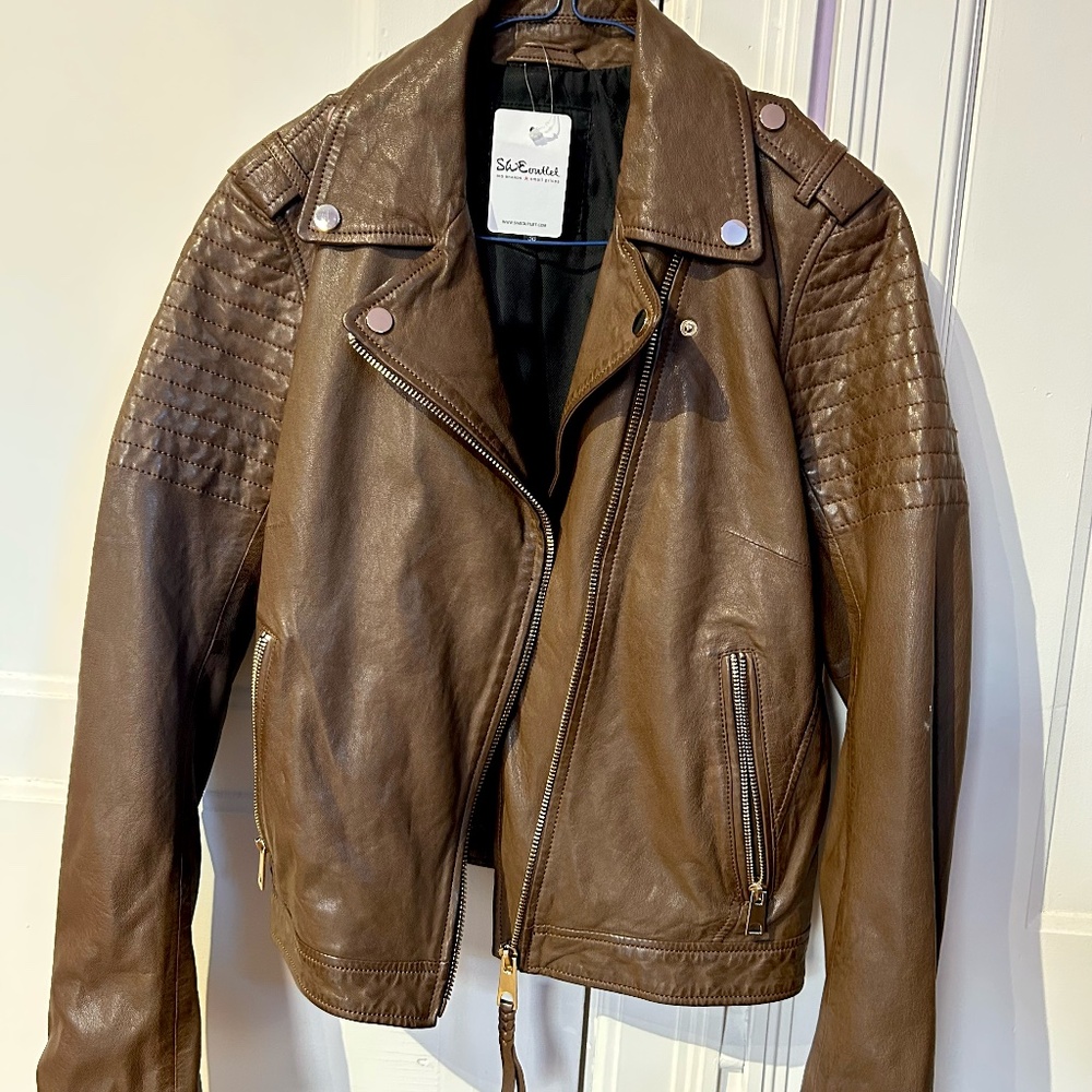 Brown Leather Jacket, Size Small, ROCKANDBLUE